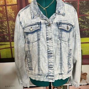 Frayed Acid Wash Classic Light Blue Denim Jacket for Women Sz L